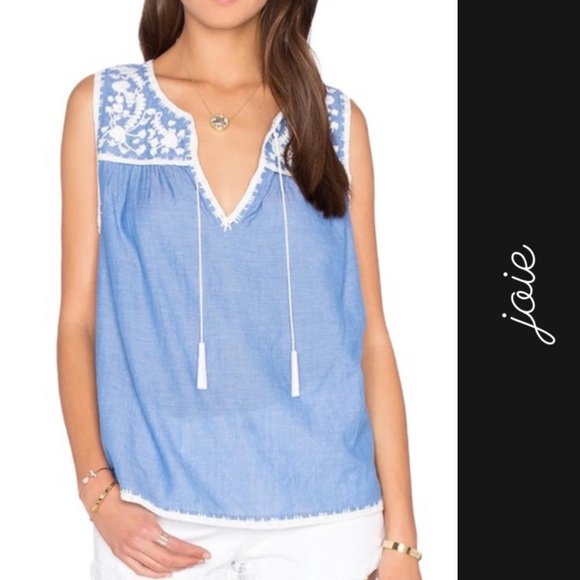 Joie Sleeveless Embroidered Tassel Tank in Blue Chambray Top • Small - Picture 1 of 9